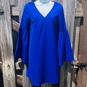 TCEC Bell Sleeve Dress SMALL Royal Blue V Neck